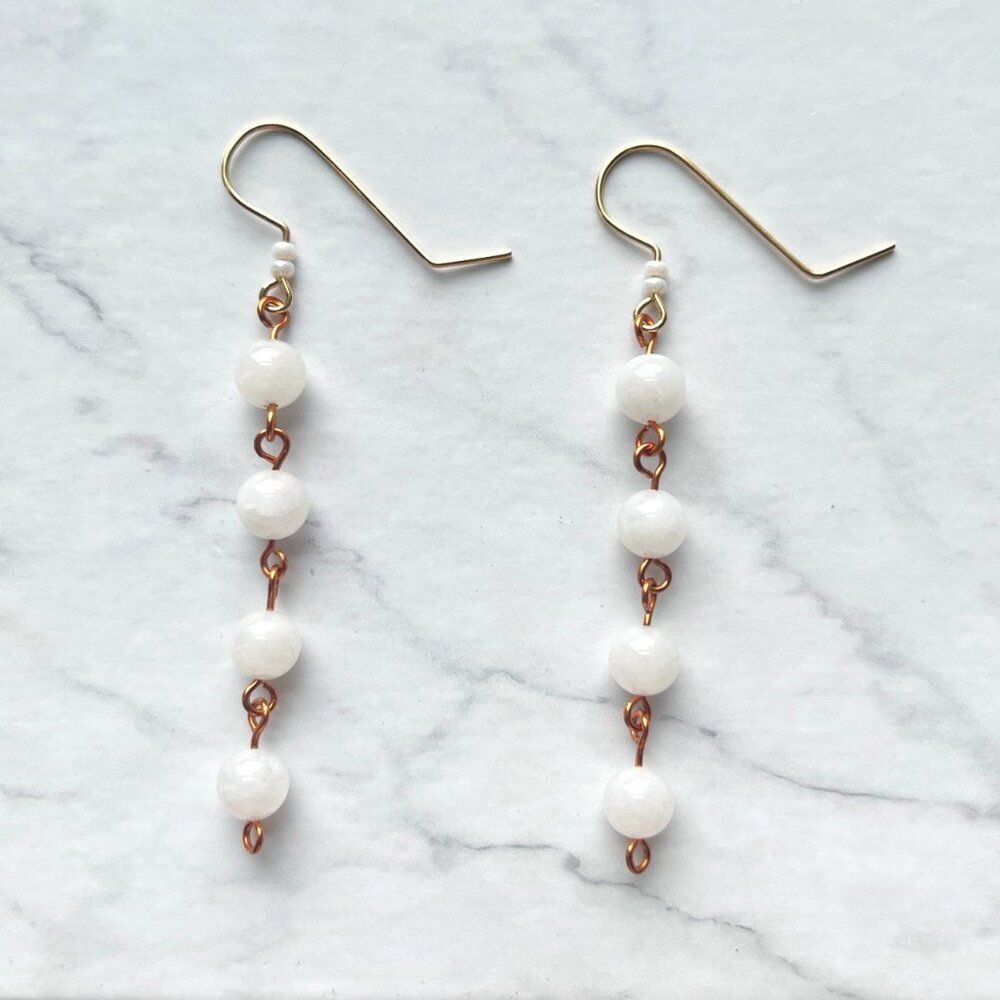 White Jade Round Marble Stone Bead Dangle Drop Earrings